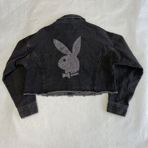 Cropped black playboy bunny jean jacket
